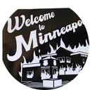 welcome to minneapolis! sticker with burning 3rd precinct police station in the background