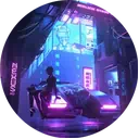 cyberpunk nightscape with a flying car